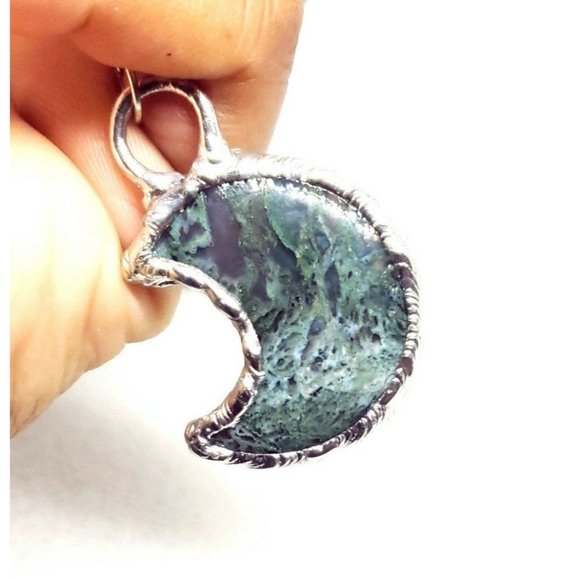 Moss agate moon crystal Necklace handmade silver spikes stainless steel chain - Picture 8 of 9